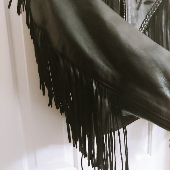 Black Genuine Leather Fringed Jacket w/ Black Rose - Picture 10 of 14